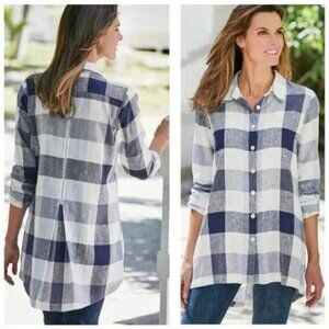 Soft Surroundings Womens Carreaux Shirt Blue White Plaid Gingham Linen Blend L